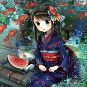 紺地に金魚の夏着物　（2014年10月作成）
