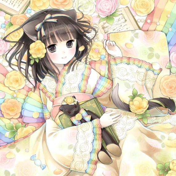 ふわふわ薔薇と虹色フリルの着物ドレス　（2013年7月作成）